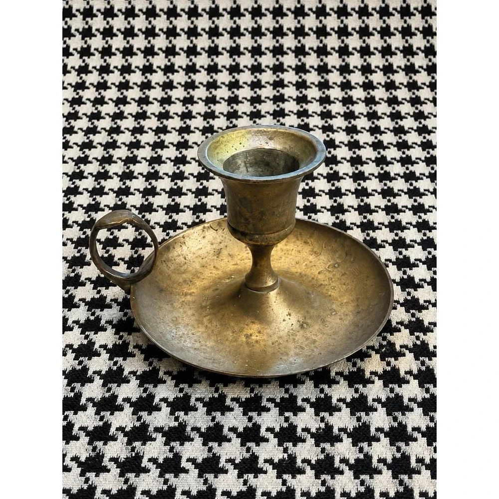 Vintage Chamberstick Candle Holder Metal Finger Loop Handle Aged Patina 3.5